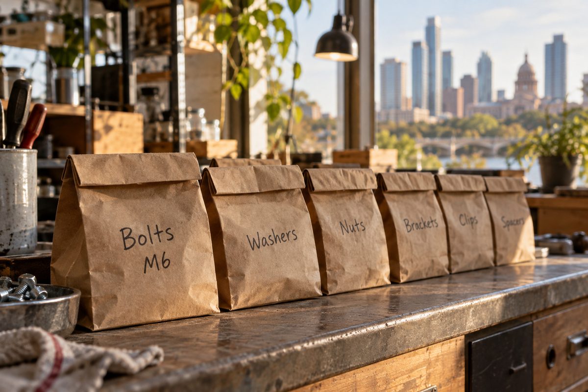 Row of folded kraft parts bags waiting for pickup