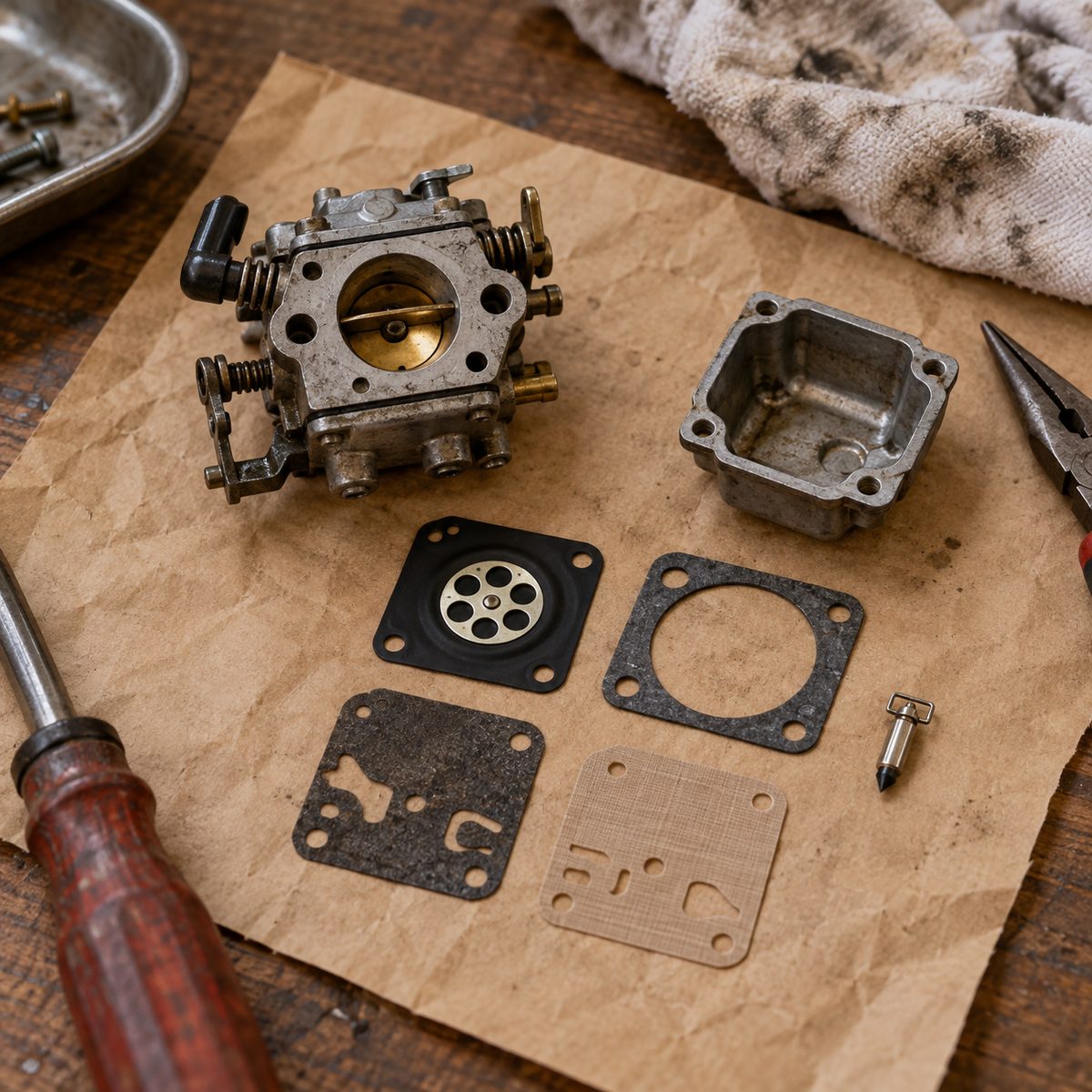 Small engine carburetor with rebuild kit diaphragms and gaskets