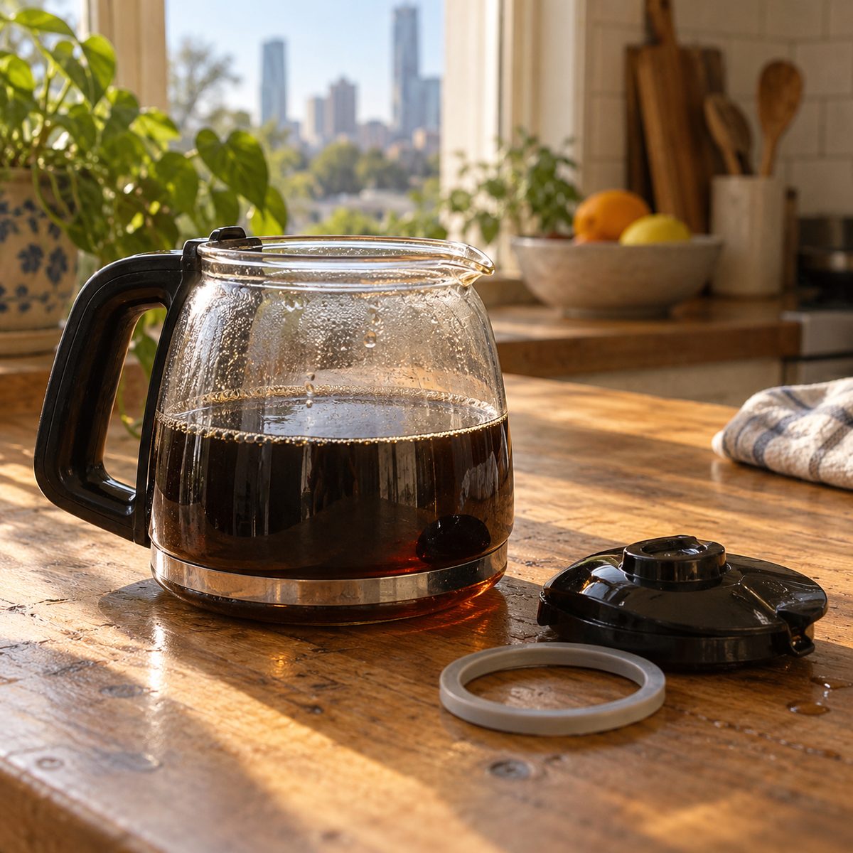 Glass coffee carafe with lid and silicone gasket