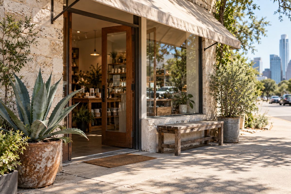 Shop entrance with glass door and sun-bleached awning