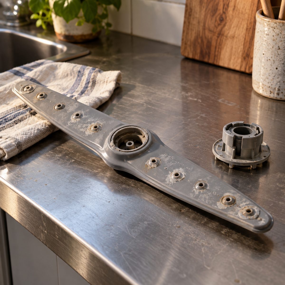 Dishwasher lower spray arm with scaled nozzles and hub bearing