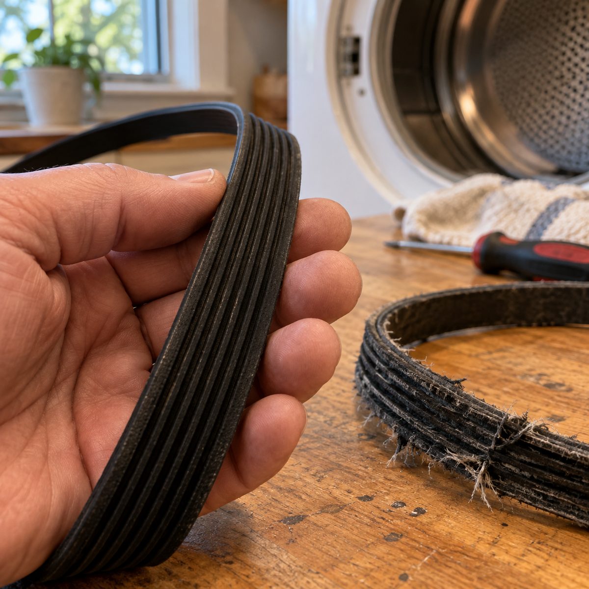 New ribbed dryer belt next to a frayed one