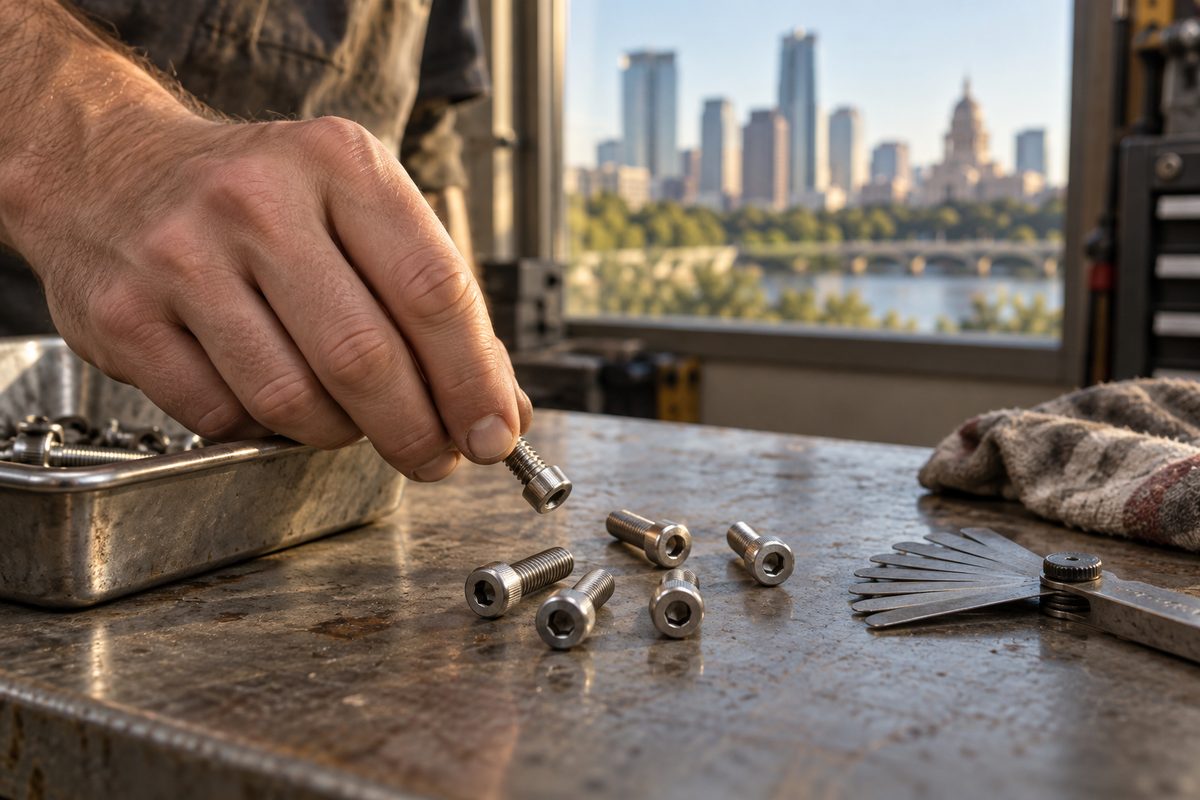 Six machine screws counted out beside a thread pitch gauge