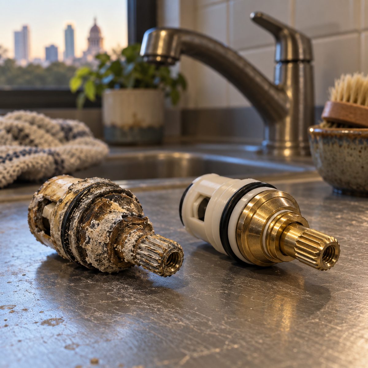 Old and new faucet cartridges with splined stems