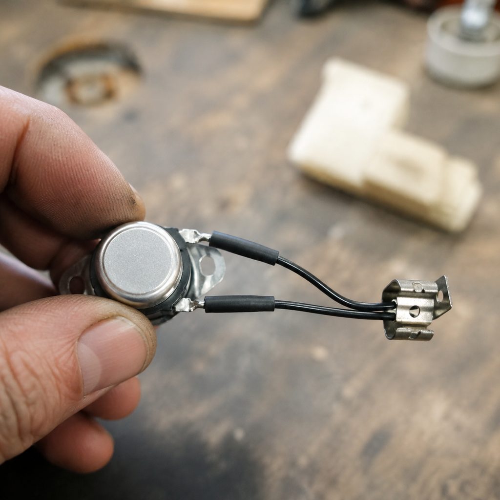 Refrigerator defrost thermostat held between fingertips