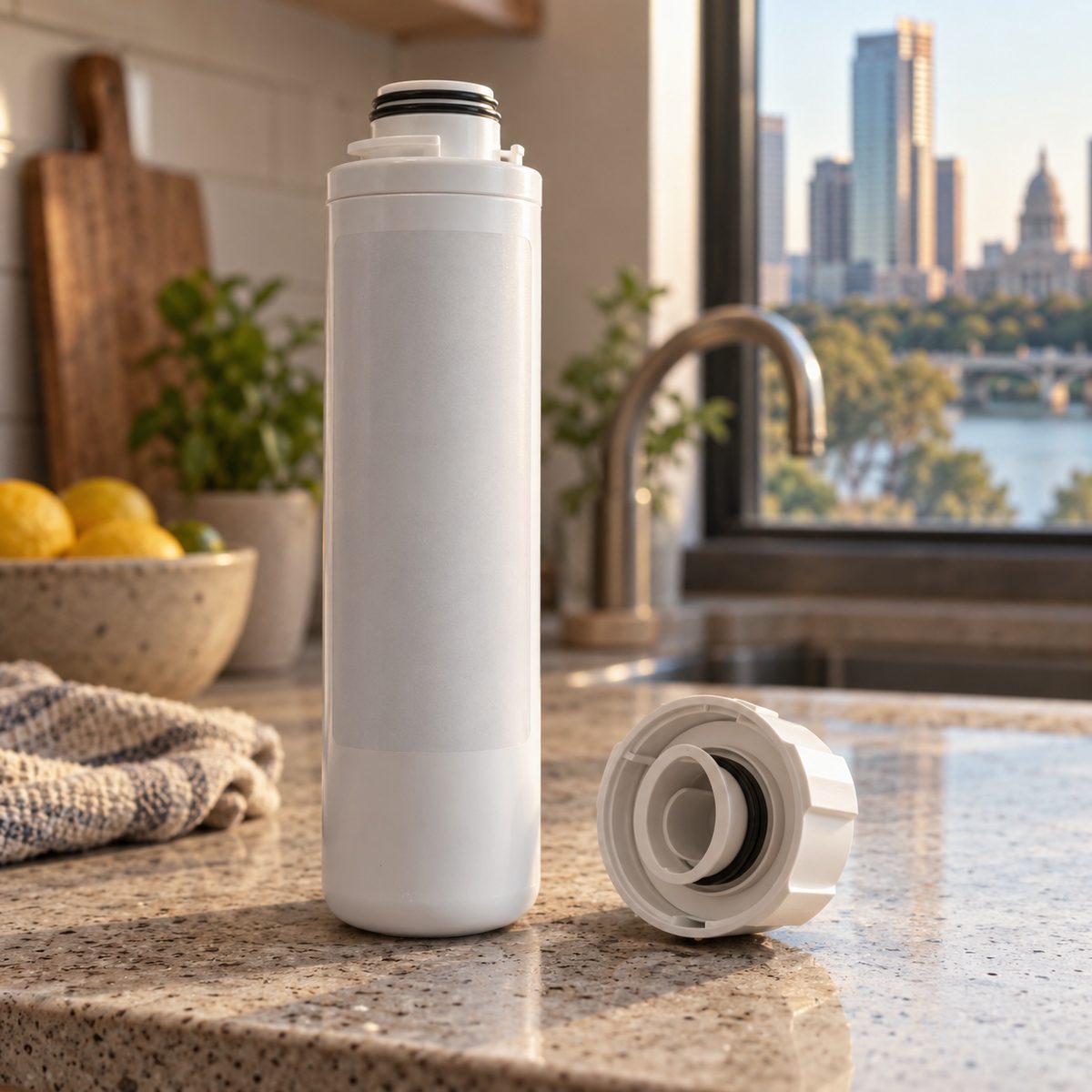 Refrigerator water filter cartridge showing its twist-lock end