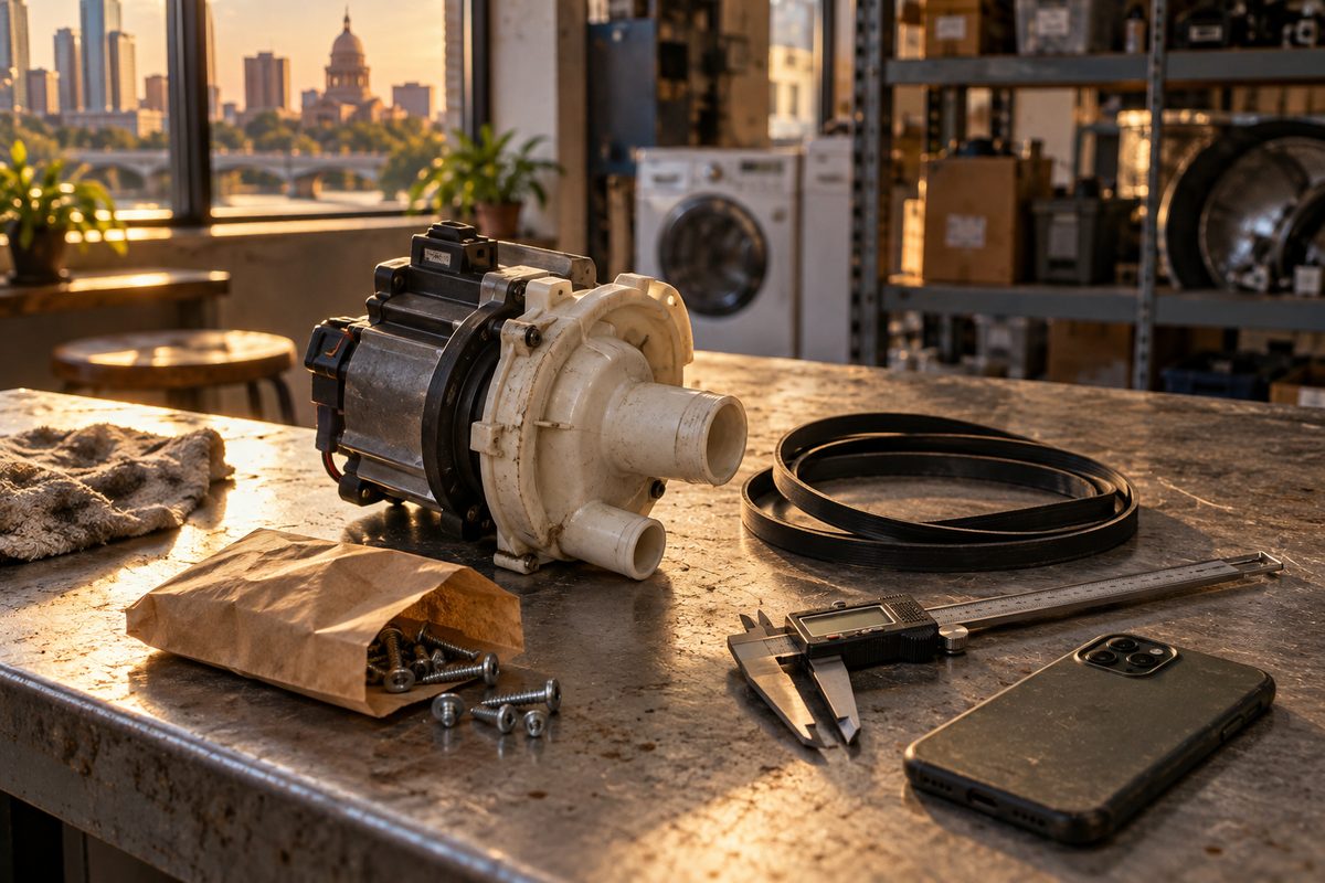 Beavreno parts counter with a drain pump, dryer belt, bagged screws and a caliper