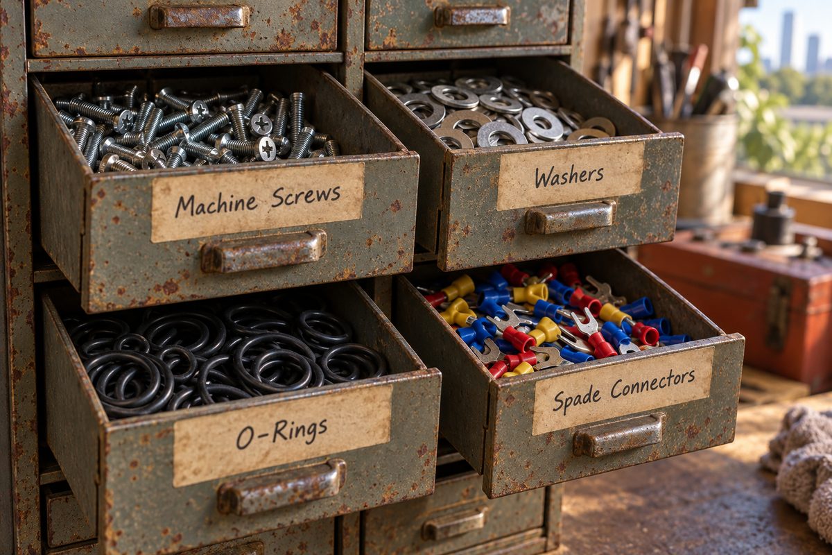 Open drawers of sorted screws, washers and O-rings