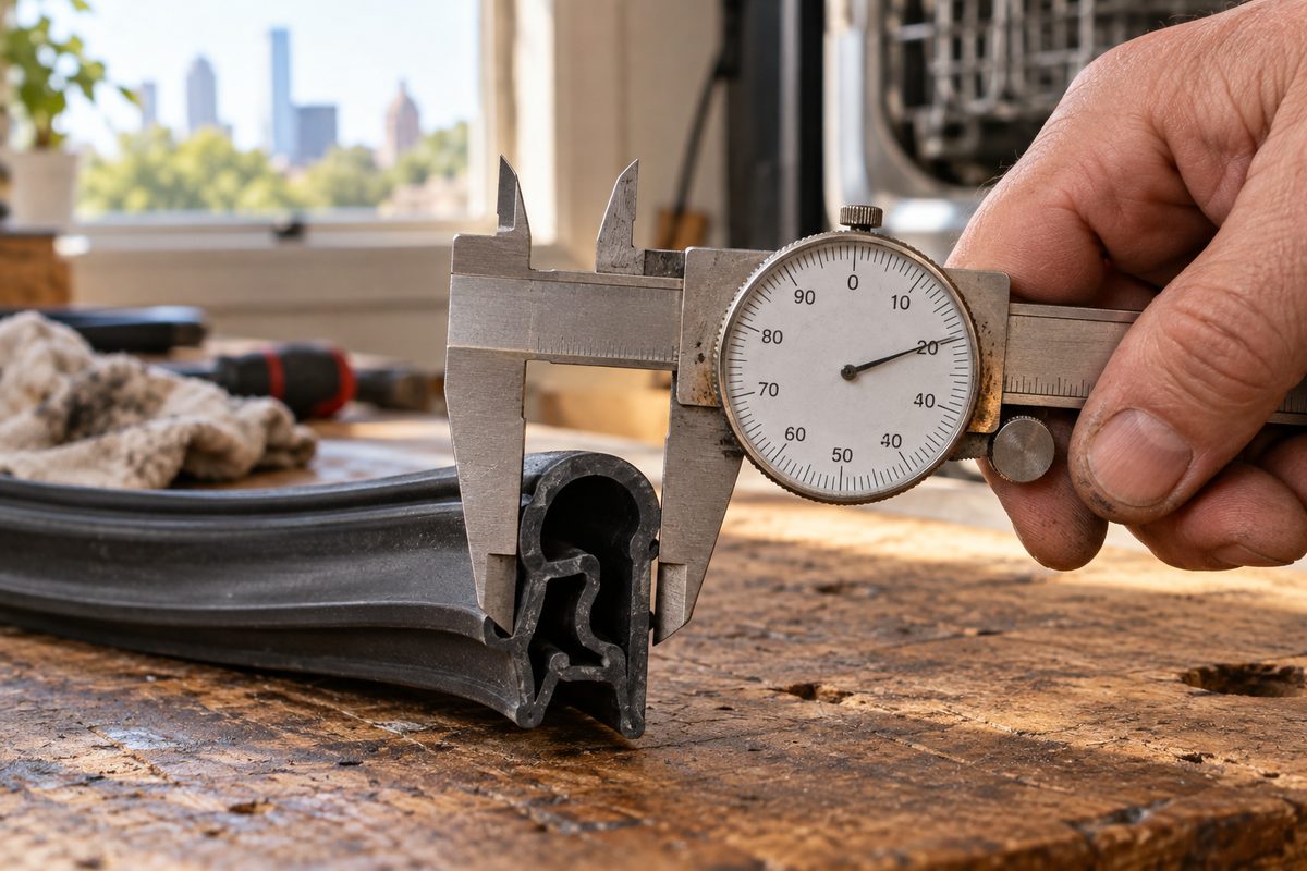 Caliper measuring the cross-section of a door gasket