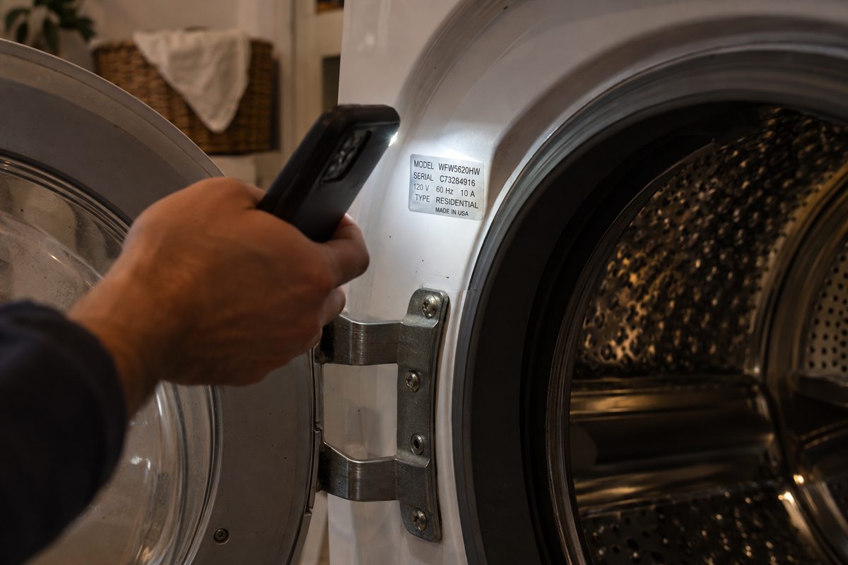 Torch lighting the model rating plate inside a washer door frame