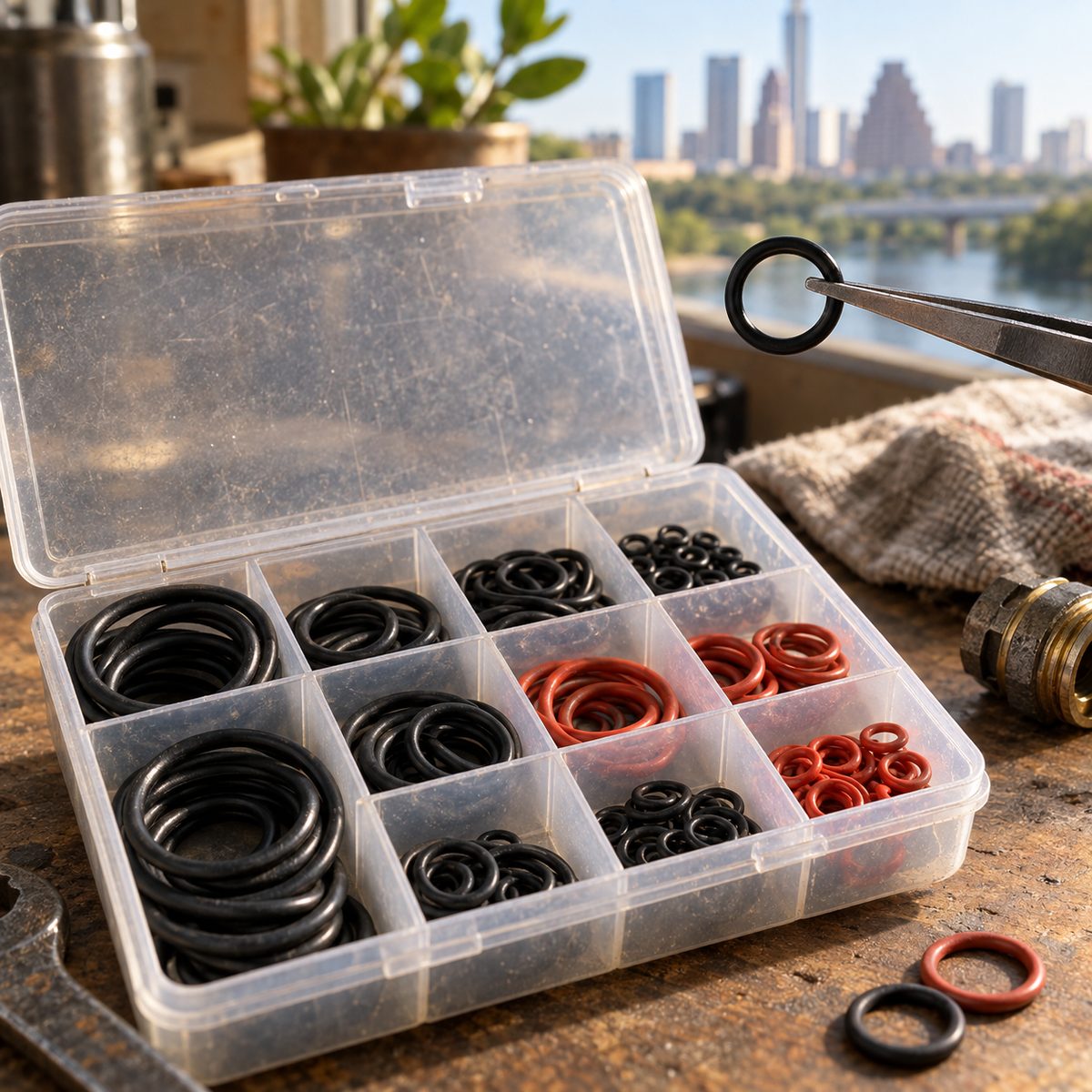 Compartment box of O-rings in graded sizes