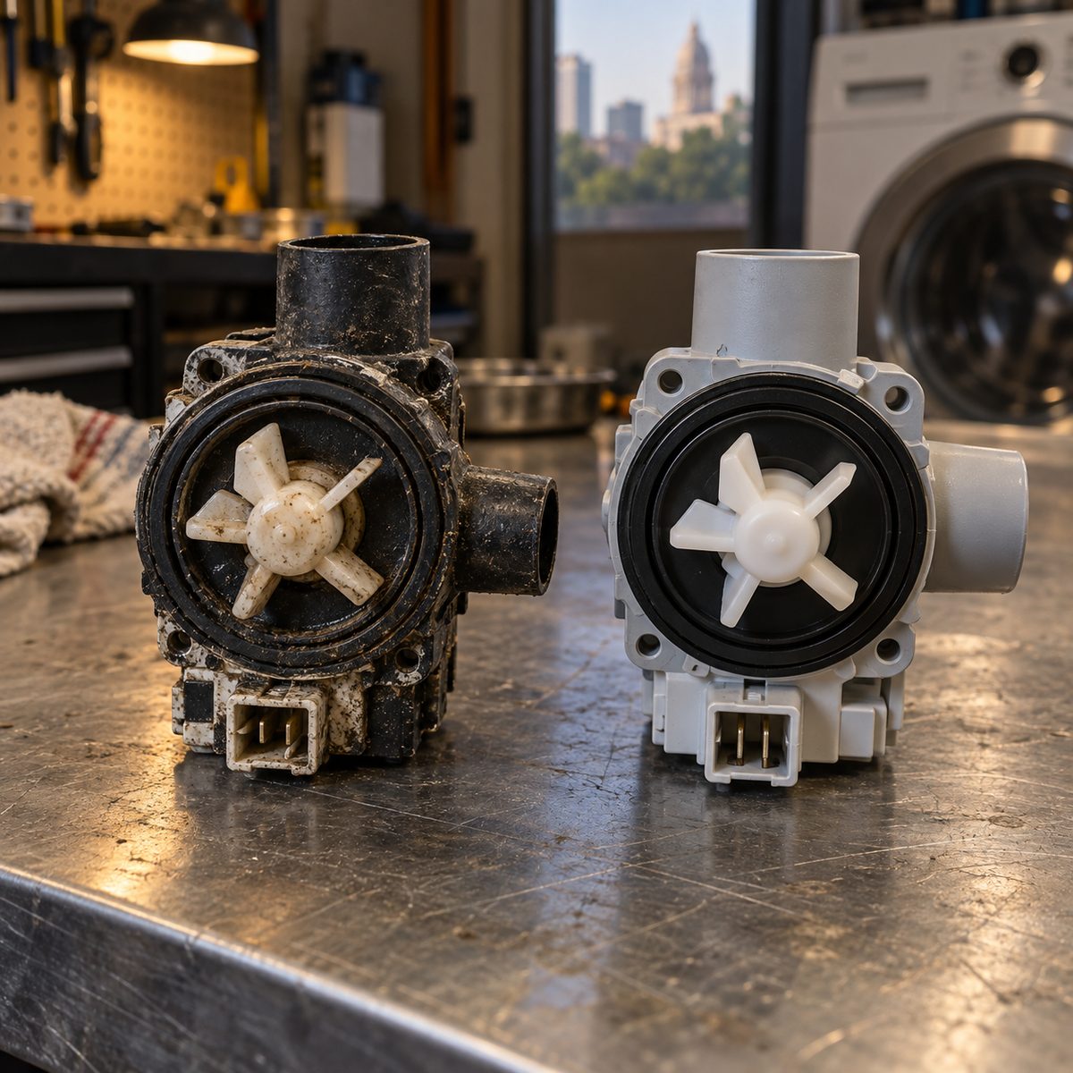 Old and new washer drain pumps side by side with connectors visible